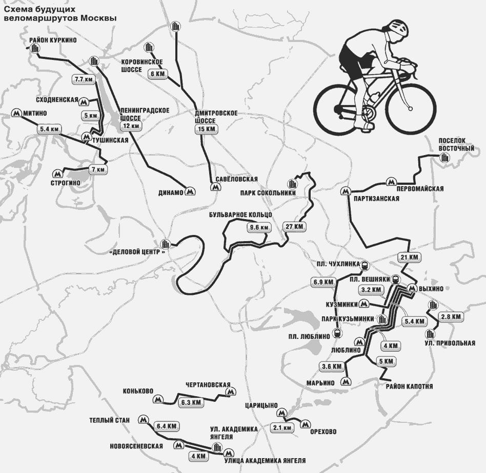 モスクワのサイクリングルート、自転車道、自転車レーンの地図